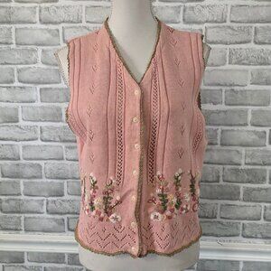 Vintage Hand Embroidered Pink Cardigan Vest Cottage Romantic Grandma XL